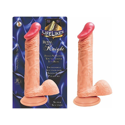 Realistic 8-inch Lifelikes Royal Knight dong with suction cup base, shown with packaging on blue satin background.