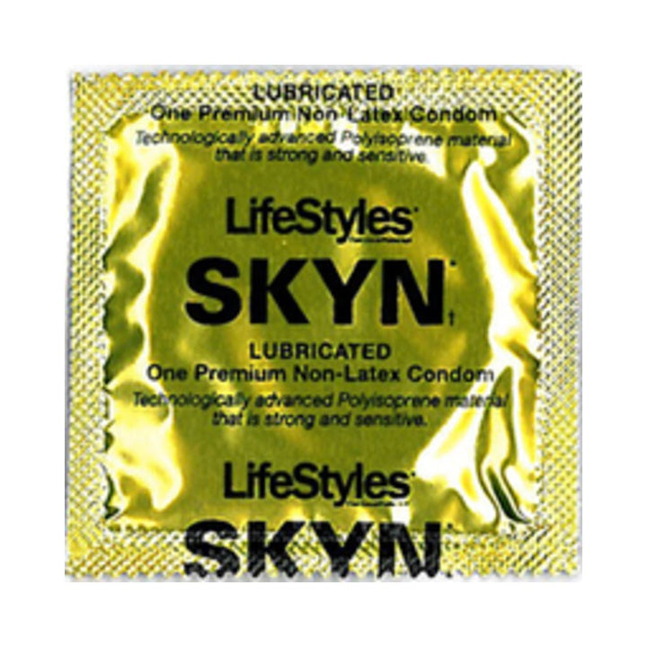 Single gold foil packet of LifeStyles SKYN lubricated non-latex condom made from advanced polyisoprene material.