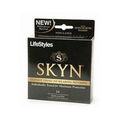 Box of LifeStyles Skyn non-latex condoms, 24 count, black packaging with gold and white text.