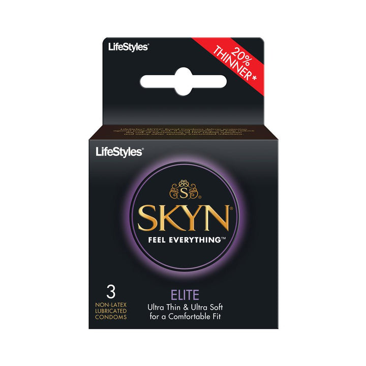 Lifestyles Skyn Elite 3 pack non-latex lubricated condoms box with ultra thin and ultra soft design for comfort