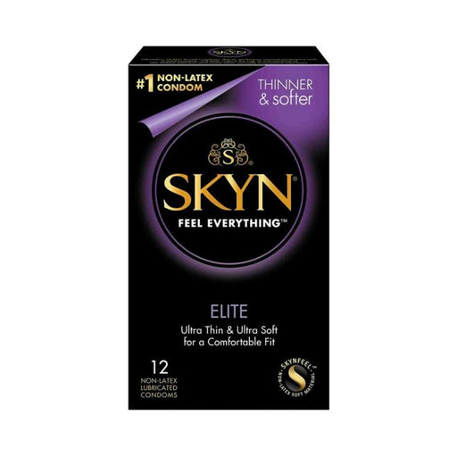 Box of Lifestyles Skyn Elite ultra-thin, non-latex polyisoprene lubricated condoms, 12-pack with purple and black design.