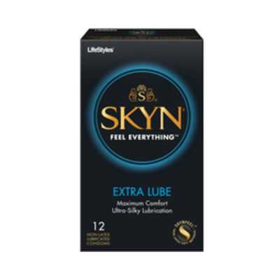 Box of Lifestyles Skyn Extra Lubricated condoms with ultra-silky lubrication, pack of 12, black and blue packaging.