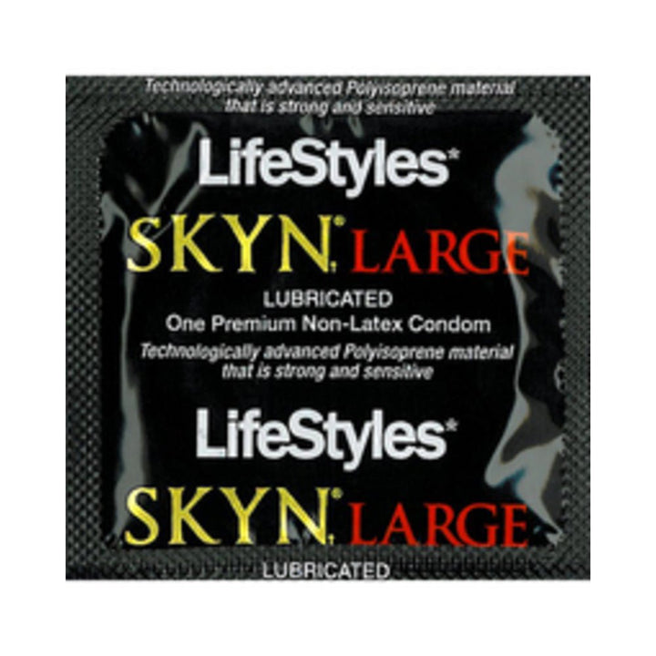 Lifestyles SKYN Large polyisoprene condom in black packaging with yellow and red text, lubricated and non-latex.