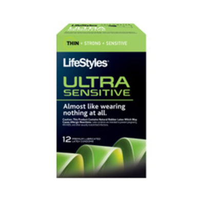 Box of LifeStyles Ultra Sensitive condoms 12 pack with green and black design highlighting thin, strong, and sensitive features.