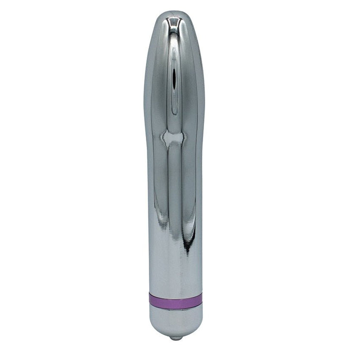 Sleek silver metal vibrator with a smooth, tapered design and a purple accent ring at the base.