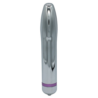 Sleek silver metal vibrator with a smooth, tapered design and a purple accent ring at the base.