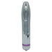 Sleek silver metal vibrator with a smooth, tapered design and a purple accent ring at the base.