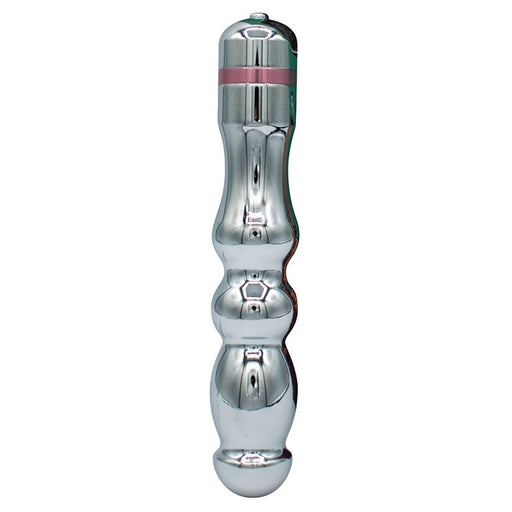 Sleek silver metal vibrator with curvy ribbed design and pink accent ring near the top, waterproof and ergonomic shape.