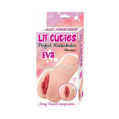 Packaging of Lil' Cuties Perfect Masturbator Eva Light with soft, realistic texture and decorative swirls on a pink background.