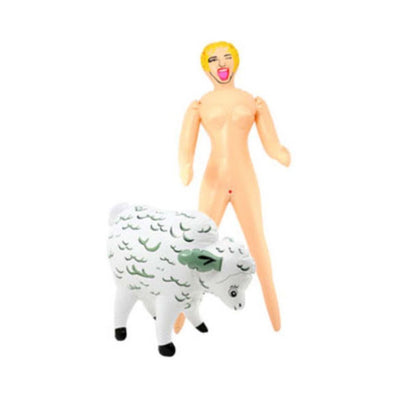 Mini inflatable doll with blonde hair and an inflatable white sheep with green accents on a white background.