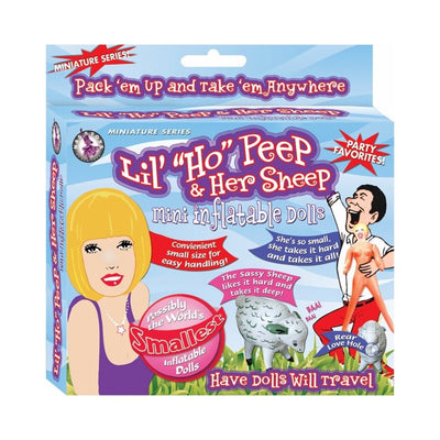 Packaging of Lil Ho Peep and Her Sheep mini inflatable dolls with playful cartoon design and product features highlighted.