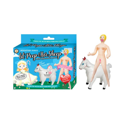 Mini inflatable doll with blonde hair and inflatable white sheep, shown with colorful packaging box.