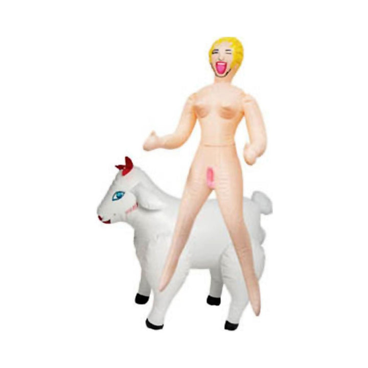 Mini inflatable doll with blonde hair riding a white inflatable sheep party decoration