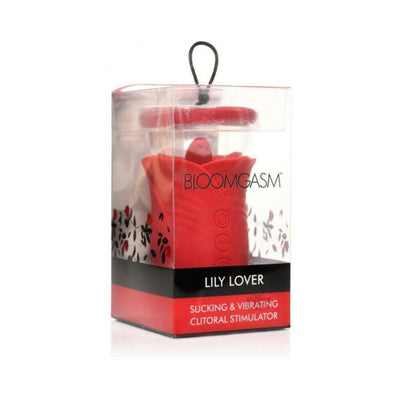 Red Bloomgasm Lily Lover clitoral stimulator in clear packaging with floral design and black-red label.