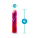 Compact coral and purple vibrator with 4-inch length and 0.9-inch width shown with size measurements.