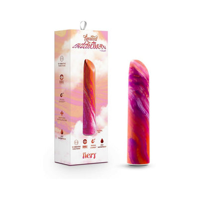 Limited Addiction Fiery Power Vibe in coral and purple with its colorful packaging box on a white background.