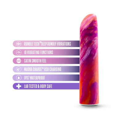 Coral and purple marbled vibrator with features list including deep rumbly vibrations, 10 functions, satin smooth feel, USB charging, waterproof, and body safe.
