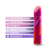 Coral and purple marbled vibrator with features list including deep rumbly vibrations, 10 functions, satin smooth feel, USB charging, waterproof, and body safe.