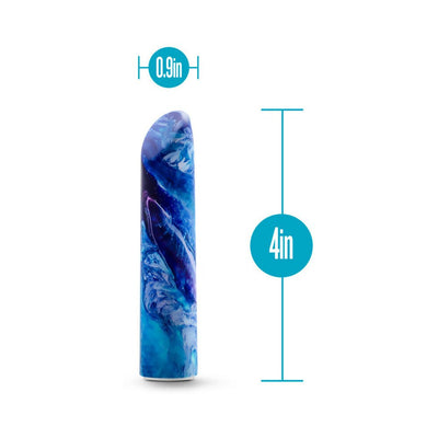 Compact 4-inch blue and purple marbled vibrator with 0.9-inch diameter, sleek and smooth design.