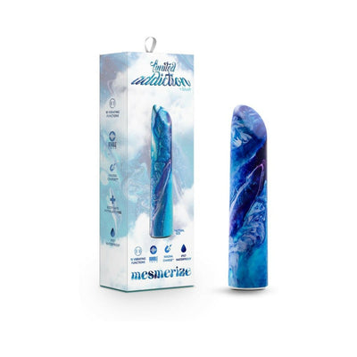 Limited Addiction Mesmerize Power Vibe in blue and purple swirl design with packaging showing product features.