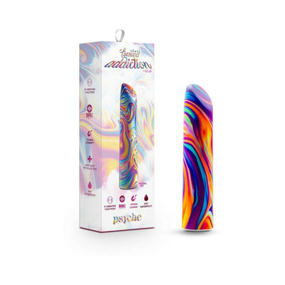 Limited Addiction Psyche Power Vibe in vibrant rainbow swirl pattern with matching colorful packaging box.