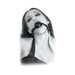 Black beginner's ball gag with adjustable straps worn by a woman in leather attire, eyes closed in a sensual pose.