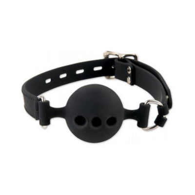 Black beginner's ball gag with adjustable strap and ventilation holes for comfortable wear.