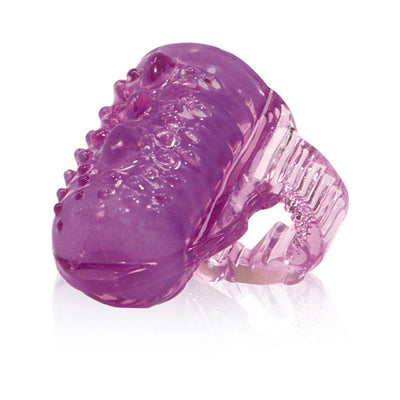 Purple textured vibrating tongue ring with adjustable band and built-in bullet vibrator on white background.