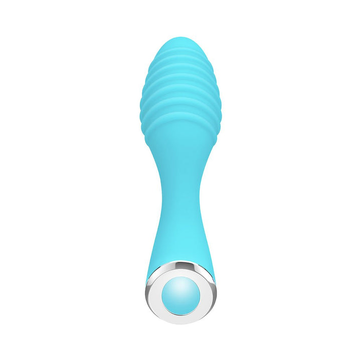 Blue silicone compact vibrator with ridged rounded tip and silver-accented base button.