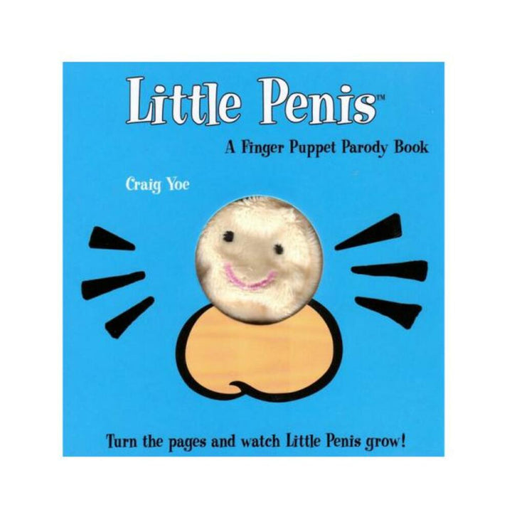 Cover of Little Penis finger puppet parody book with a smiling plush character and playful blue background.