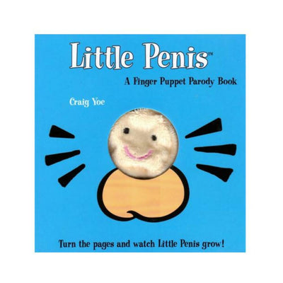 Cover of Little Penis finger puppet parody book with a smiling plush character and playful blue background.