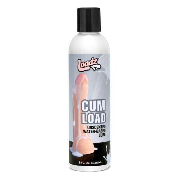 8oz bottle of Loadz Cum Load unscented water-based lube with realistic semen appearance on label.