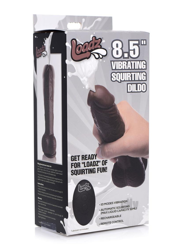 Packaging box of Loadz 8.5 inch dark vibrating squirting dildo with remote control and product features.