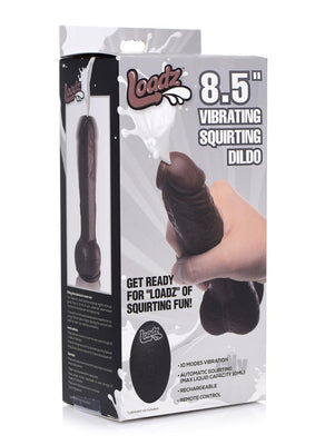 Packaging box of Loadz 8.5 inch dark vibrating squirting dildo with remote control and product features.