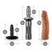 Blush Lock On Karbonite handle kit components with measurements including suction cup, handle, and mocha-colored dildo sleeve.