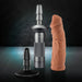 Blush Lock On Karbonite handle kit with mocha-colored realistic dildo and black suction cup base on textured background.