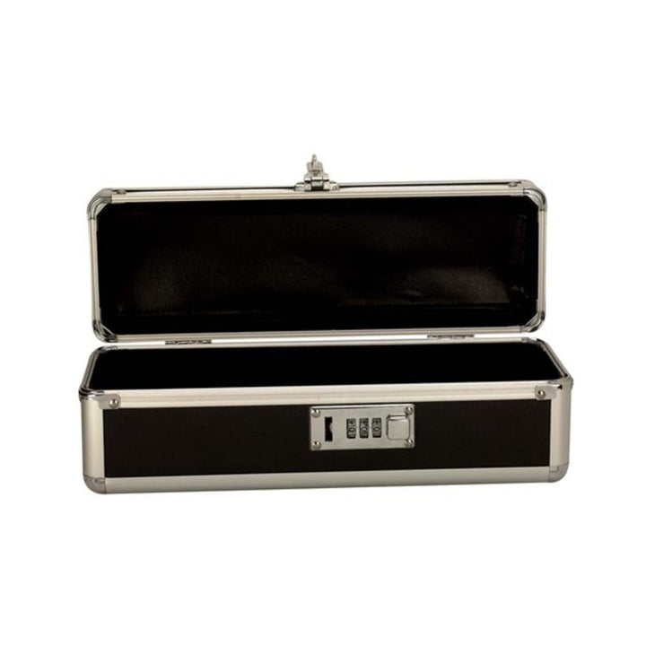 Black lockable storage case with combination lock, open to show padded interior for secure organization.