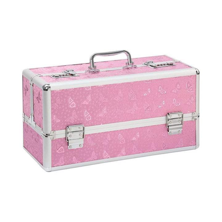 Large pink lockable storage case with silver trim and handle, featuring butterfly pattern and secure latches.
