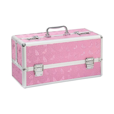 Large pink lockable storage case with silver trim and handle, featuring butterfly pattern and secure latches.