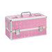 Large pink lockable storage case with silver trim and handle, featuring butterfly pattern and secure latches.