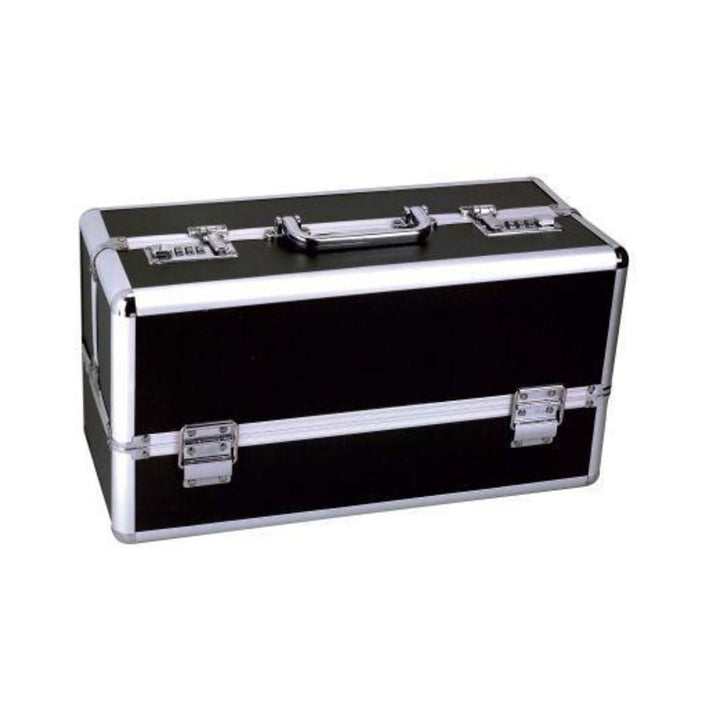 Large black lockable storage case with silver trim and handle for secure, discreet organization.