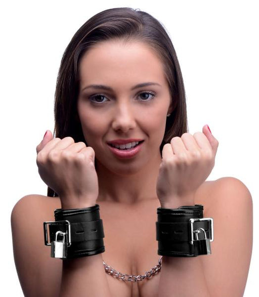 Locking Padded Wrist Cuffs With Chain Black | SexToy.com