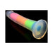 Rainbow glow-in-the-dark silicone dildo with suction cup base on black background