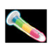 Rainbow-colored silicone dildo with glow-in-the-dark effect and suction base on black background.
