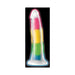 Rainbow striped silicone dildo with glow-in-the-dark effect and suction base on black background.