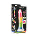 Packaging box of Lollicock 7-inch rainbow glow-in-the-dark silicone dildo with dual density design and suction base features.