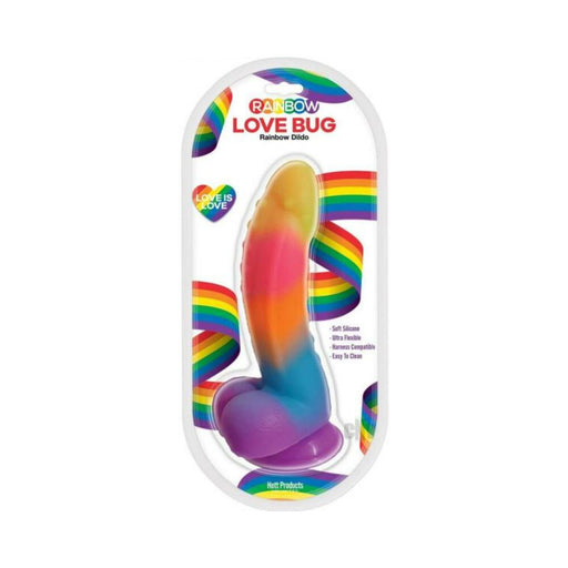 Rainbow colored Love Bug dildo with suction cup base in clear packaging featuring rainbow accents and product details.