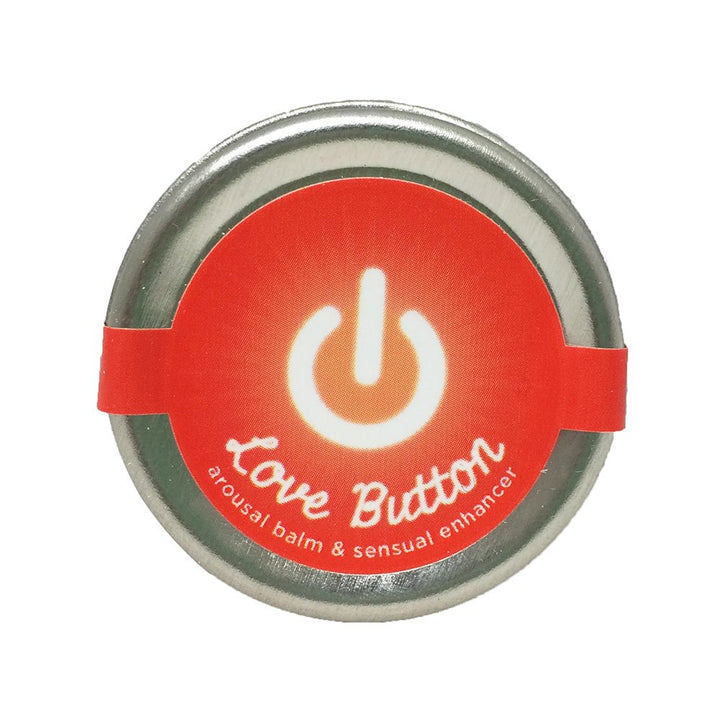 Round metal tin of Love Button arousal balm and sensual enhancer with red label and power symbol design