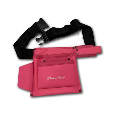Pink leather hands-free pleasure pouch with adjustable black strap and multiple pockets for essentials.
