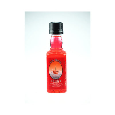 Small clear bottle of red Love Lickers Panty Dropper flavored warming massage oil with black cap.